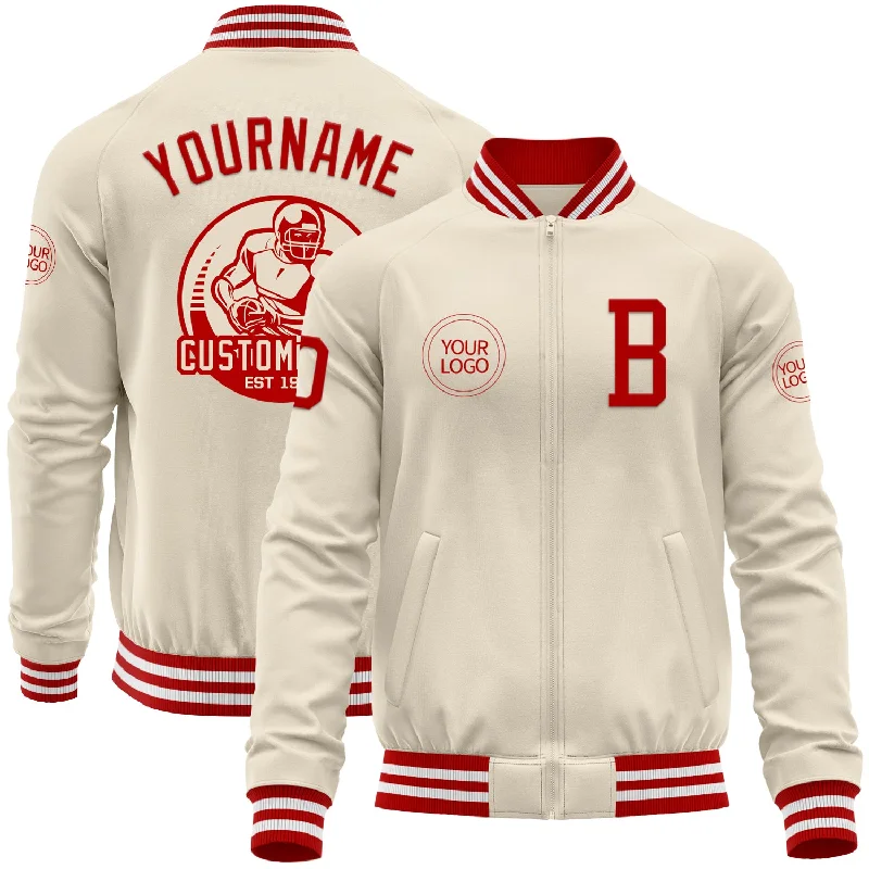 Vintage Jean Jacket for Retro Appeal-Custom Cream Red-White Bomber Varsity Letterman Zipper Jacket