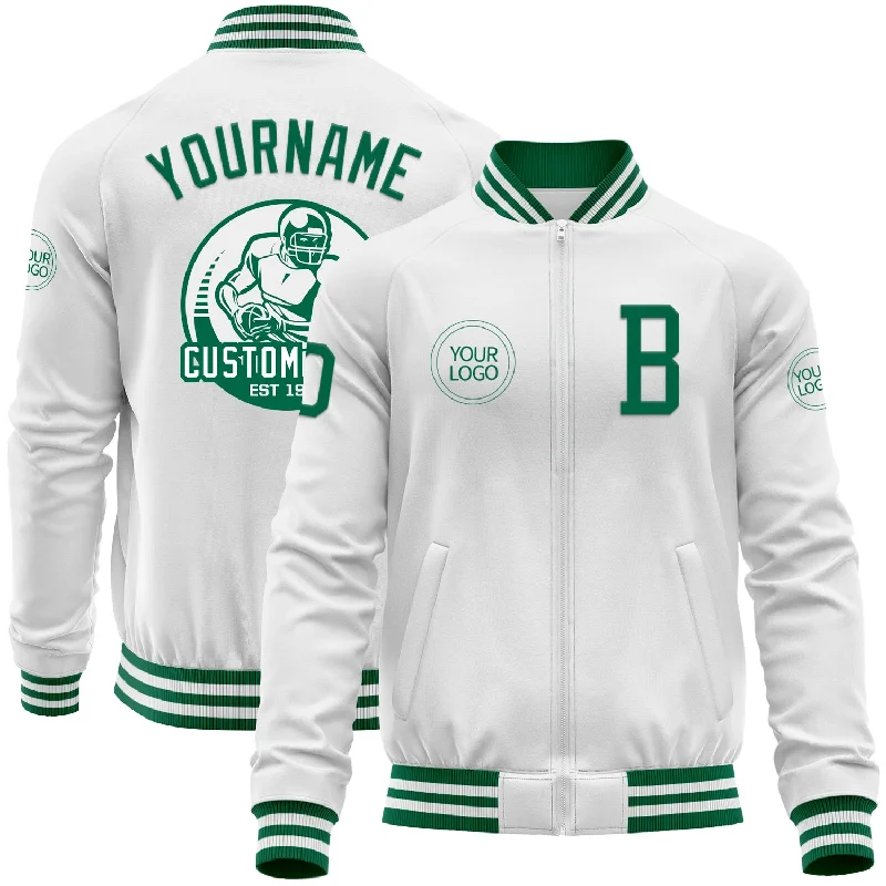 Comfortable Puffer Jacket for Winter Adventures-Custom White Kelly Green Bomber Varsity Letterman Zipper Jacket