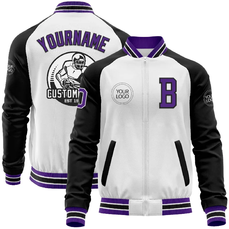 Waterproof Rain Jacket for Wet Weather-Custom White Purple-Black Bomber Varsity Letterman Two Tone Zipper Jacket