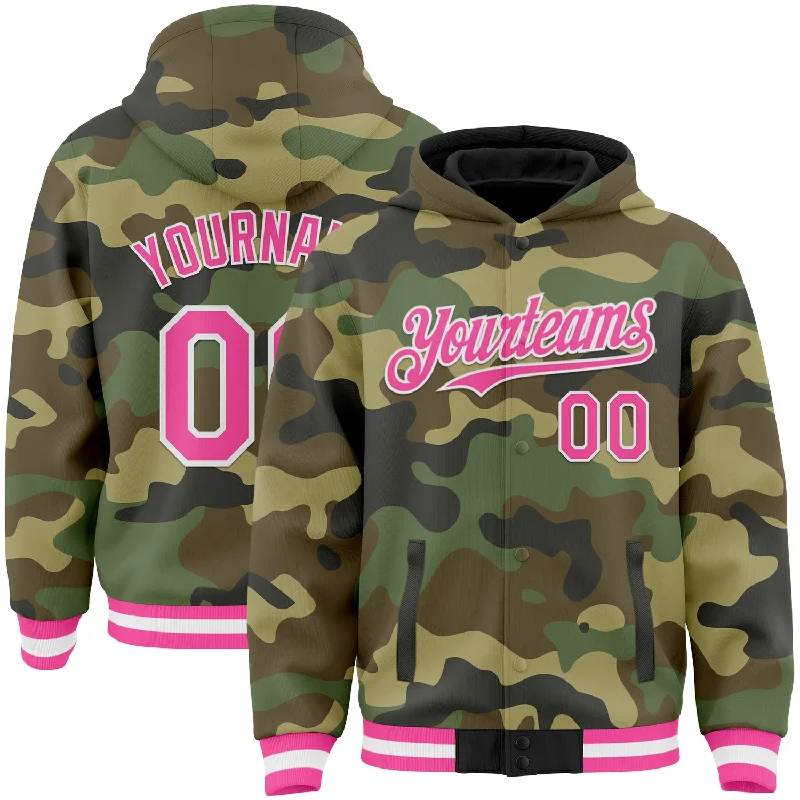 Comfortable Hoodie for Casual Hangouts-Custom Camo Pink-White Bomber Full-Snap Varsity Letterman Salute To Service Hoodie Jacket