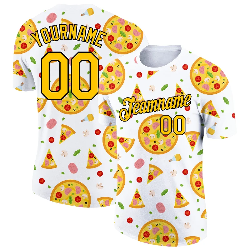 Custom Printed T-Shirt for Unique Style-Custom With Yellow-Black 3D Pattern Design Food Pizza Performance T-Shirt