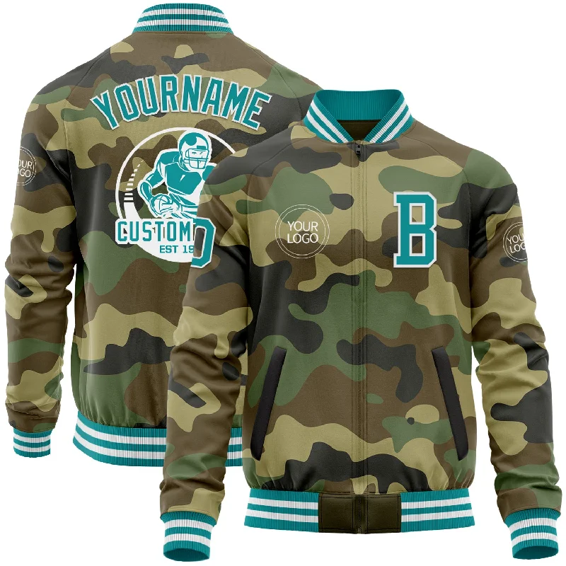 Comfy Quilted Jacket for Cozy Comfort-Custom Camo Teal-White Bomber Varsity Letterman Salute To Service Zipper Jacket