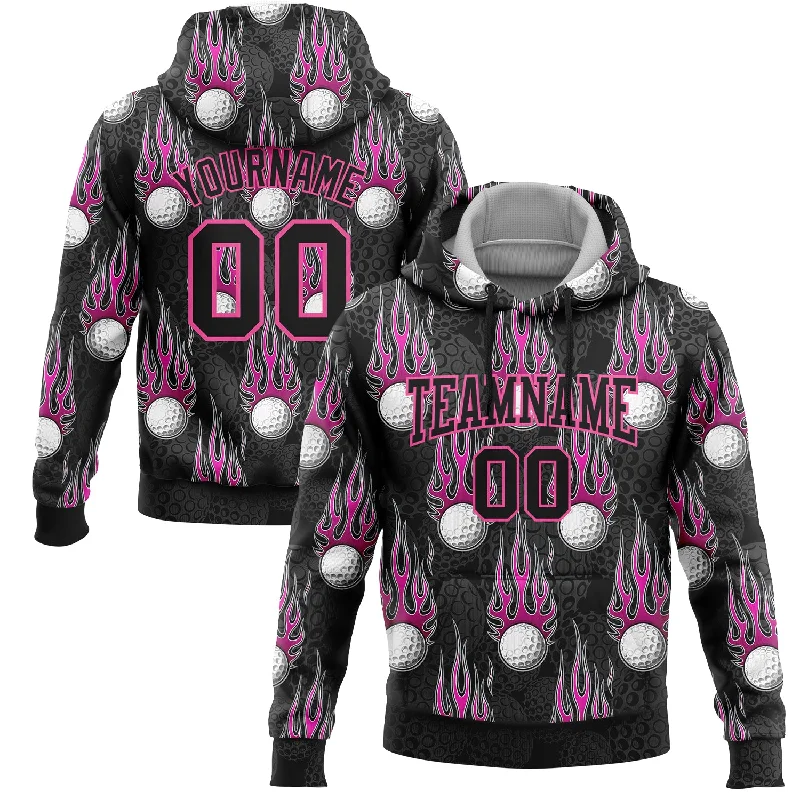 Warm Fleece Hoodie for Ultimate Cold Protection-Custom Stitched Black Pink-White 3D Flame Golf Ball Sports Pullover Sweatshirt Hoodie