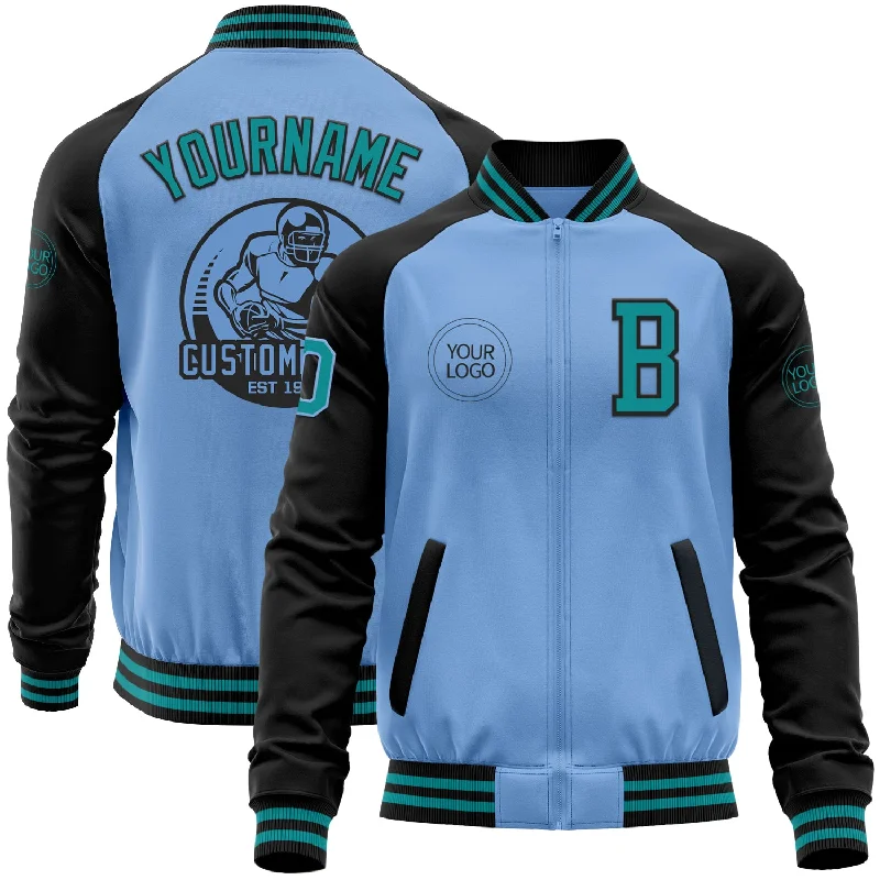 Classic Double-Breasted Jacket for Sophisticated Style-Custom Light Blue Teal-Black Bomber Varsity Letterman Two Tone Zipper Jacket