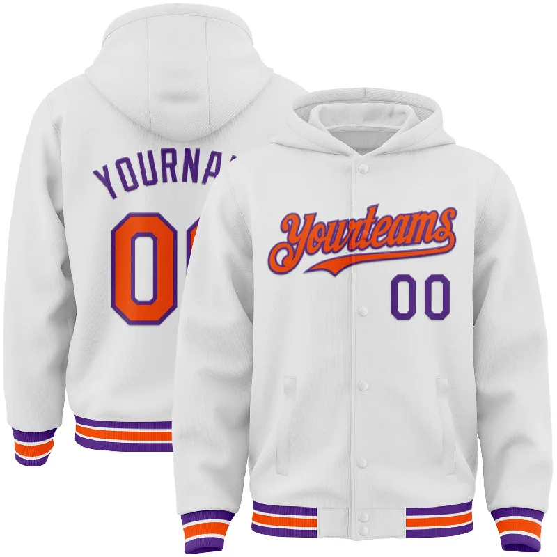 Soft Cotton Hoodie for Comfort All Day-Custom White Orange-Purple Bomber Full-Snap Varsity Letterman Hoodie Jacket