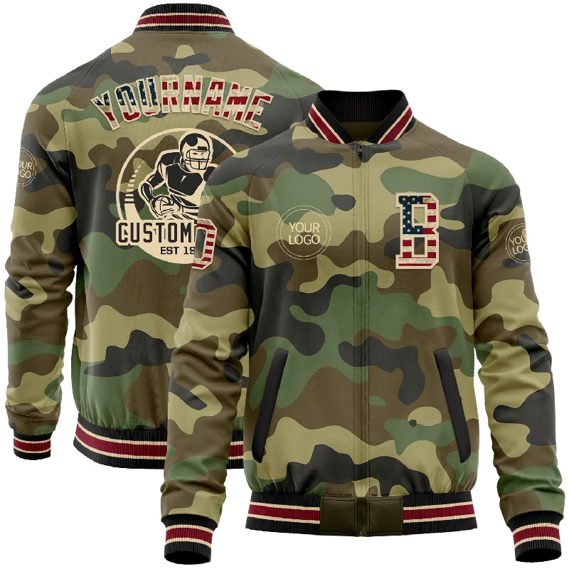 Modern Trench Jacket for Urban Fashion-Custom Camo Vintage USA Flag City Cream Crimson-Black Bomber Varsity Letterman Salute To Service Zipper Jacket