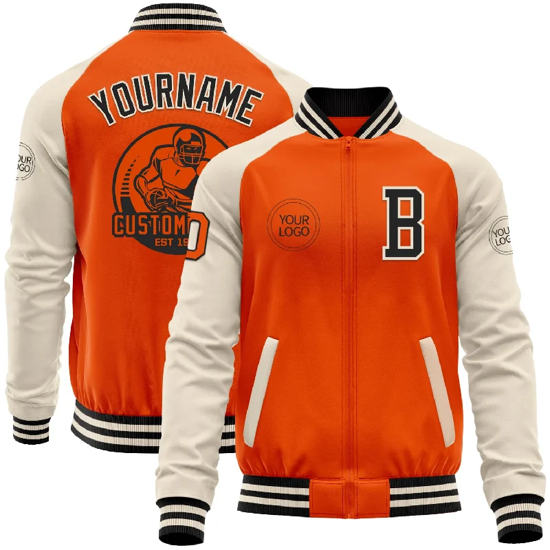 Soft Fleece Jacket for Cozy Layering-Custom Orange Black-Cream Bomber Varsity Letterman Two Tone Zipper Jacket