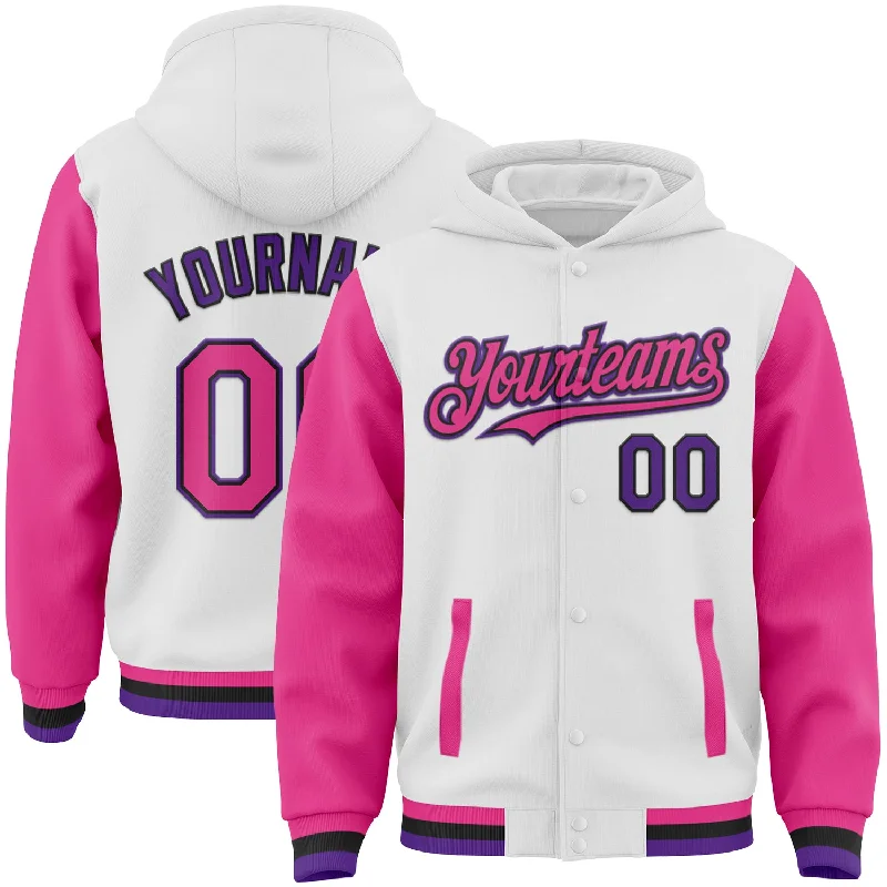 Cozy Pullover Hoodie for Winter Wear-Custom White Pink Black-Purple Bomber Full-Snap Varsity Letterman Two Tone Hoodie Jacket