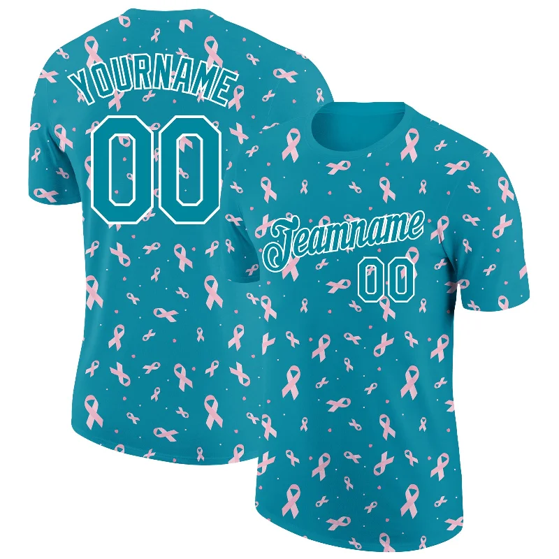 Summer-Ready T-Shirt for Hot Days-Custom Teal White 3D Pink Ribbon Breast Cancer Performance T-Shirt