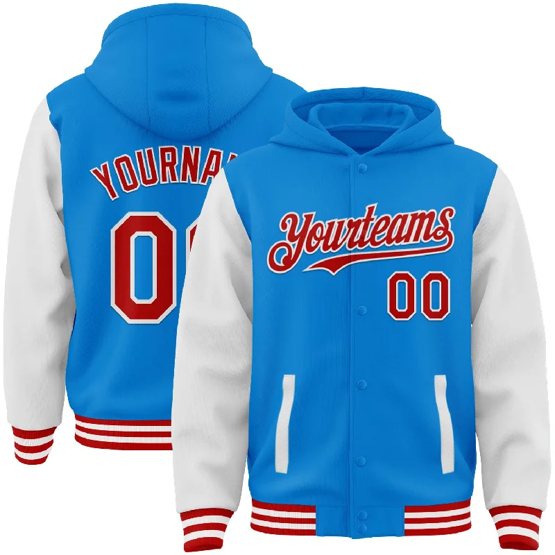 Cozy Pullover Hoodie for Winter Wear-Custom Powder Blue Red-White Bomber Full-Snap Varsity Letterman Two Tone Hoodie Jacket