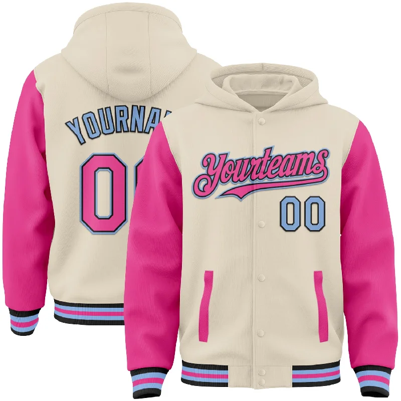 Stylish Hoodie with Logo for Bold Fashion-Custom Cream Pink Black-Light Blue Bomber Full-Snap Varsity Letterman Two Tone Hoodie Jacket