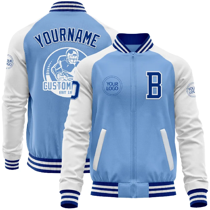 Classic High Collar Jacket for Cold Days-Custom Light Blue Royal-White Bomber Varsity Letterman Two Tone Zipper Jacket