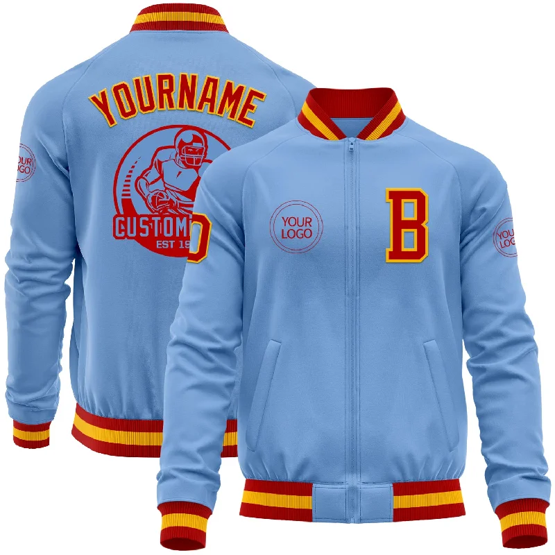 Elegant Wool Jacket for Classic Style-Custom Light Blue Red-Gold Bomber Varsity Letterman Zipper Jacket