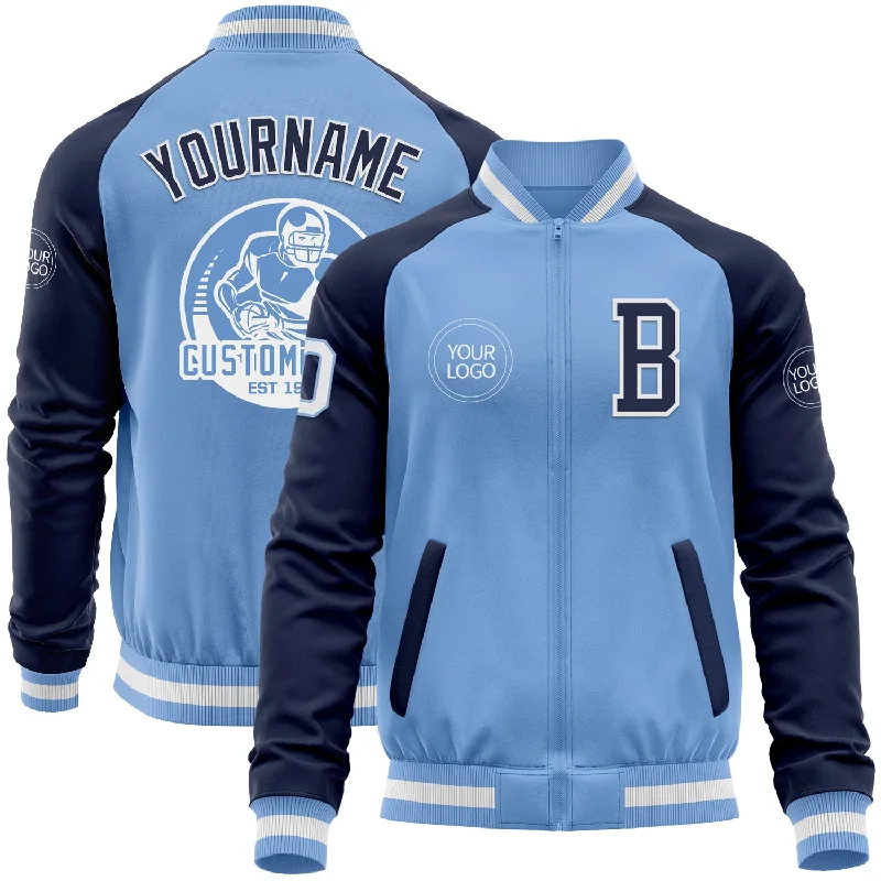 Reversible Jacket for Versatile Looks-Custom Light Blue White-Navy Bomber Varsity Letterman Two Tone Zipper Jacket