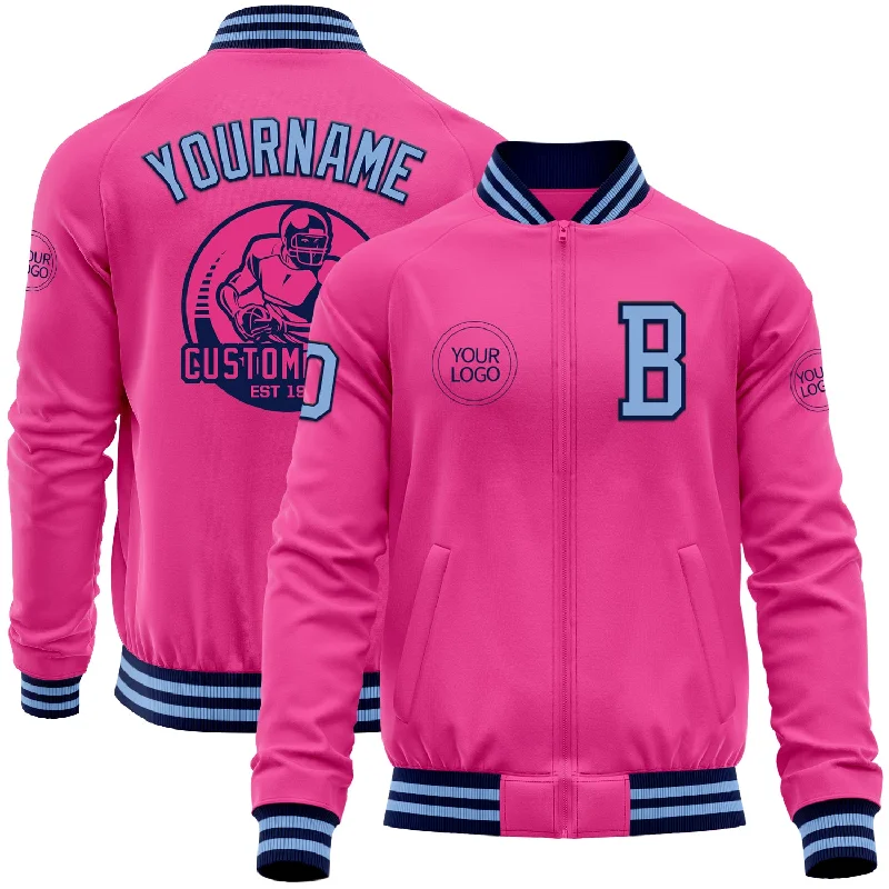 Trendy Colorblock Jacket for Bold Fashion-Custom Pink Light Blue-Navy Bomber Varsity Letterman Zipper Jacket