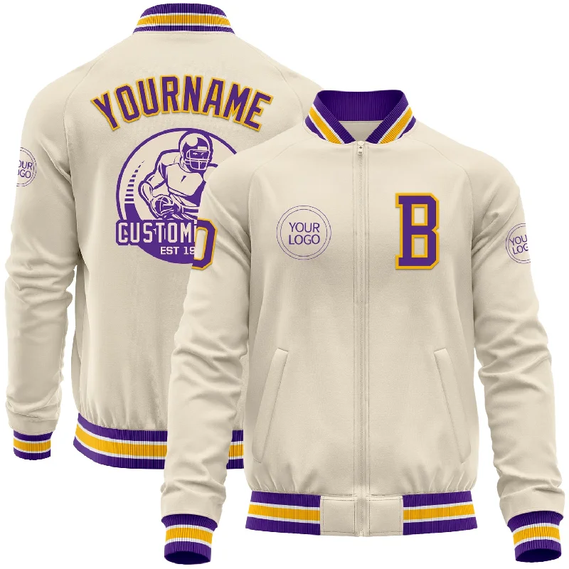 Warm Winter Jacket for Cold Weather-Custom Cream Purple Gold-White Bomber Varsity Letterman Zipper Jacket