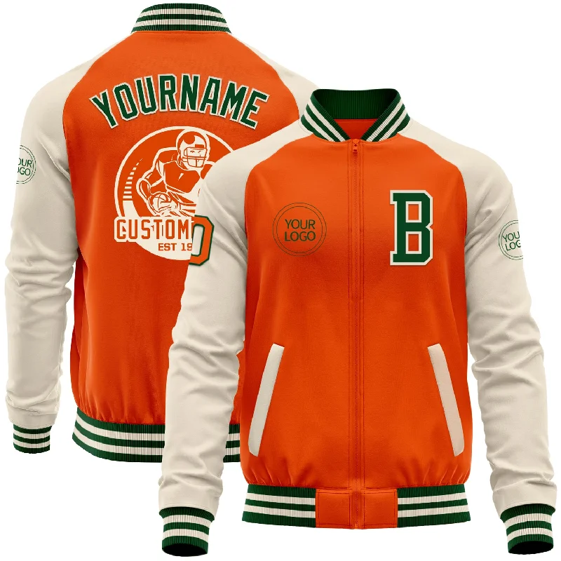 Trendy Colorblock Jacket for Bold Fashion-Custom Orange Green-Cream Bomber Varsity Letterman Two Tone Zipper Jacket