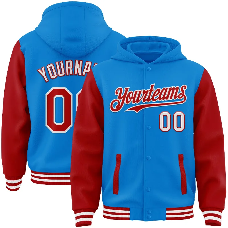 Zip Hoodie for Layering and Versatility-Custom Powder Blue Red-White Bomber Full-Snap Varsity Letterman Two Tone Hoodie Jacket