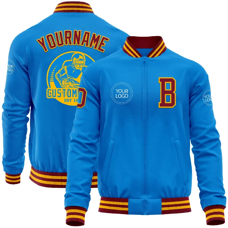 Casual Zip-Up Jacket for Active Days-Custom Powder Blue Crimson-Gold Bomber Varsity Letterman Zipper Jacket